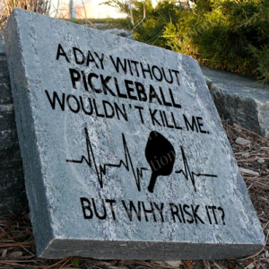 Engraved granite accent stone cottage garden feature with "A Day Without PIckleball Wouldn't Kill Me But Why Risk It" and electrocardiogram of heart beat/paddle near walkway.